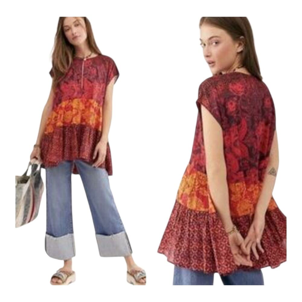 Free People Gotta Have You Tunic Oversized Patchwork Top‎ Red Women's Size Small